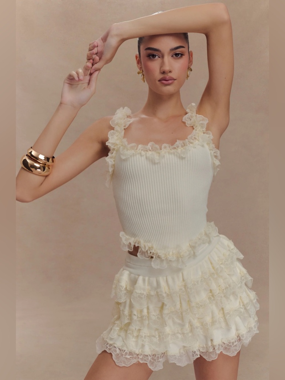 Meshki Cream Shay Lace Ruffle Knit Top Medium